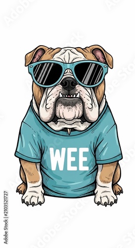 Cool Bulldog Illustration: Playful Pup in Teal Tee & Shades