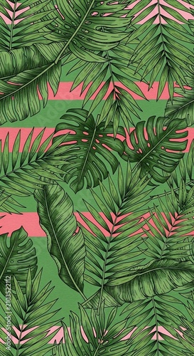 Vibrant Tropical Foliage Illustration: Lush Green Leaves, Bold Pink Stripes, Evocative Jungle Pattern