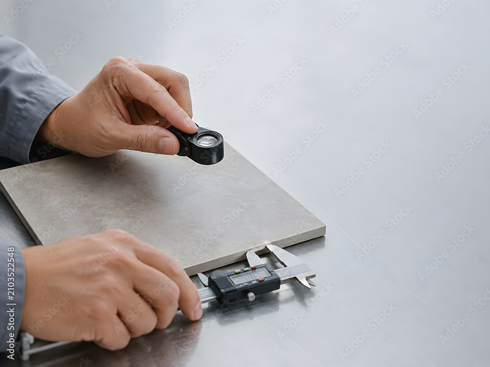 Fototapeta premium Quality Inspector Examining a Ceramic Tile with Caliper and Loupe, Manufacturing Precision Background with Copy Space