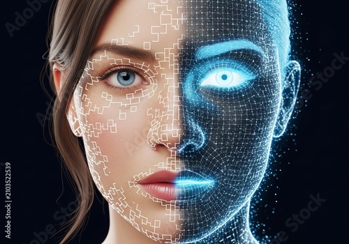Digital Dualism: Human Face Merging with Futuristic AI Glow | Sci-Fi Portrait
