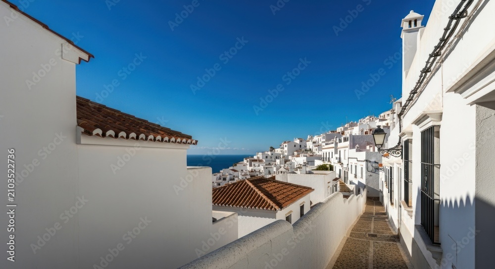 Fototapeta premium Whitewashed buildings with terracotta roofs against a vibrant blue sky