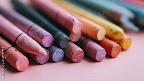 Vibrant assortment of colorful chalk sticks arranged on a pink surface, showcasing artistic potential for creativity and playfulness in various projects.