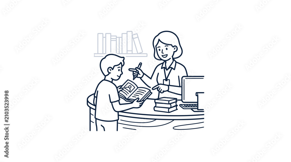 Fototapeta premium Librarian Assisting Young Boy with Book Selection