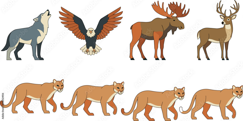 Obraz premium North American Wildlife Collection Featuring Wolf Bald Eagle Moose Deer Cougar Mountain Lion Animal Illustrations