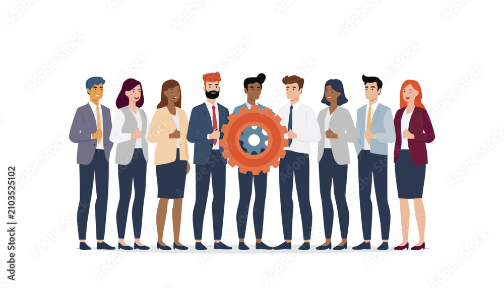 Fototapeta premium Diverse professional team holding a large gear representing collaboration