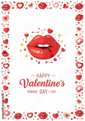 Passionate Red Lips & Hearts Border: Romantic Valentine's Day Illustration