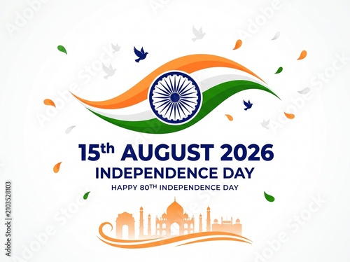 Happy 80th Independence Day of India celebration graphic with tricolor flag wave, Ashoka Chakra, and iconic monument silhouette on white background.