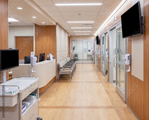 Modern hospital outpatient corridor with reception desk and clinical waiting area - side view