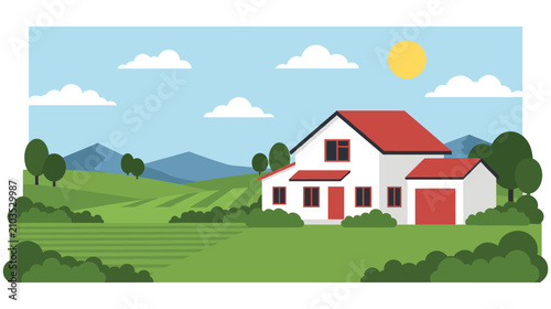 Countryside house landscape with green fields mountains and summer skies.