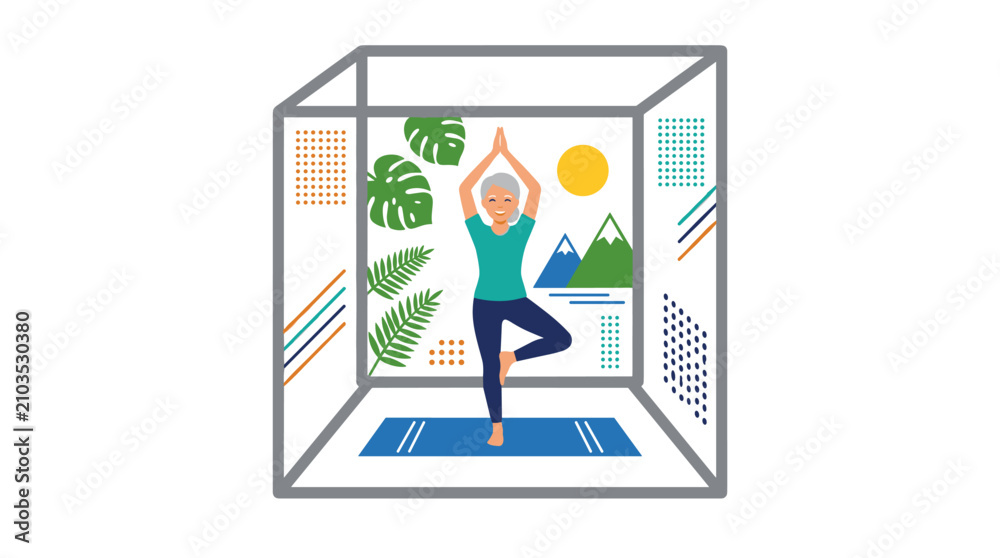 Fototapeta premium Senior Woman Practicing Yoga Tree Pose in Creative Cube Space