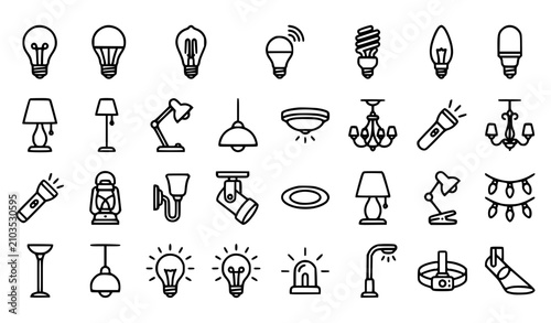 Obraz na płótnie Minimal Outline Lamp and Light Bulb Icon Set with Idea Symbols Vector Illustrati