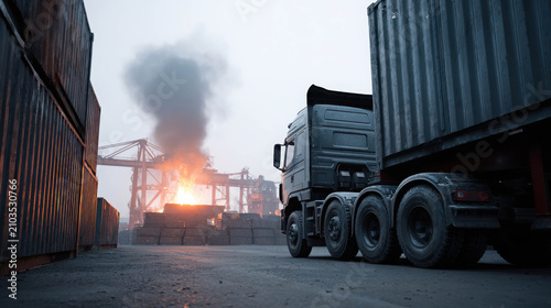 A large cargo truck parked at a port with a fire raging in the background, smoke billowing into the sky. The scene conveys a sense of urgency and potential danger