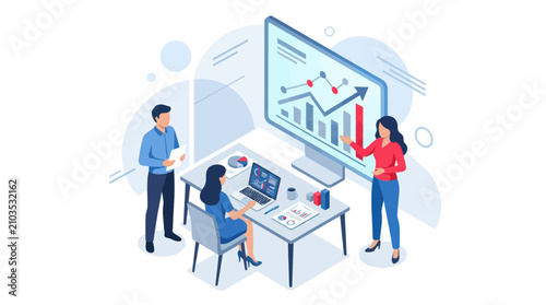 Business team analyzing growth data on a large monitor.