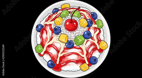 Illustration of a dessert with a cherry, blueberries, green and yellow cubes, red sauce, and cream on a white plate against a black background.