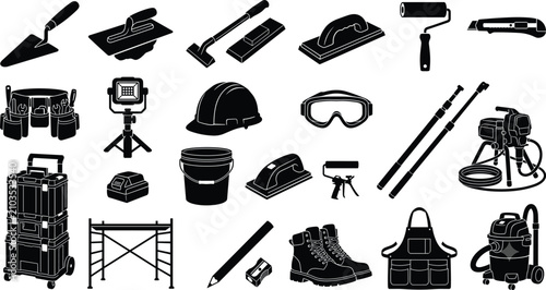 Set of professional construction, painting, and renovation tool icons featuring essential equipment for building maintenance