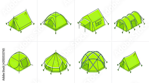 Collection of Green Camping Tents in Isometric View