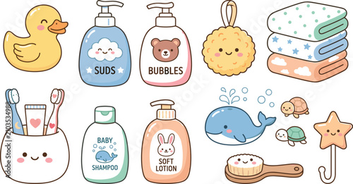 Fotografie Kawaii baby bath time sticker set featuring cute cartoon shampoo towels and rubb