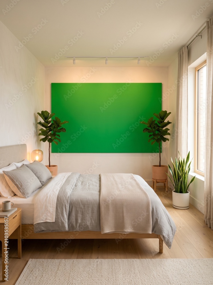 Fototapeta premium Modern bedroom with green screen wall. Empty chroma key backdrop for interior design mockup.
