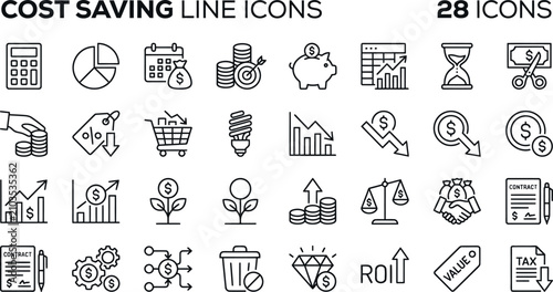 Cost saving and financial growth line icons set 28 vector illustrations for business and finance