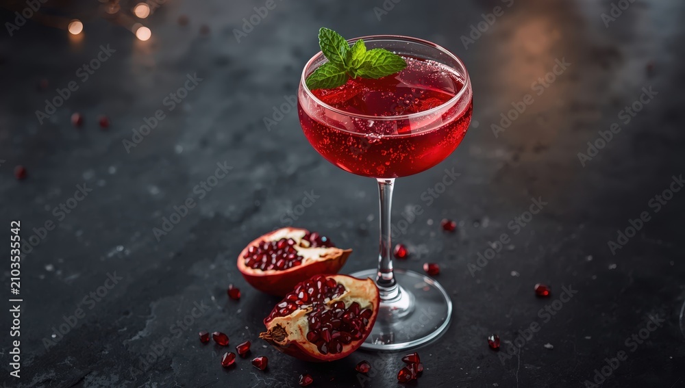 Fototapeta premium Pomegranate drink with mint on a dark stone surface.