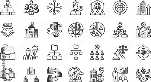 Business and finance line icons set strategy growth and global connections