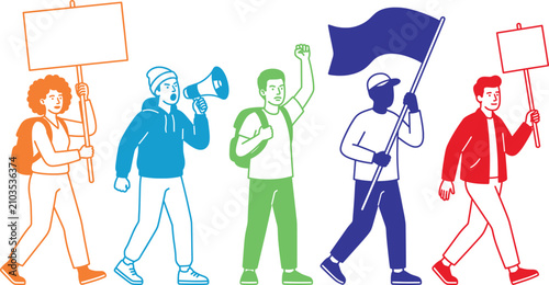 Colorful Protesters Marching with Signs and Flag
