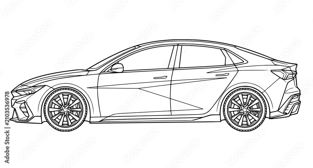 Naklejka premium Modern performance sedan side profile line art vector illustration