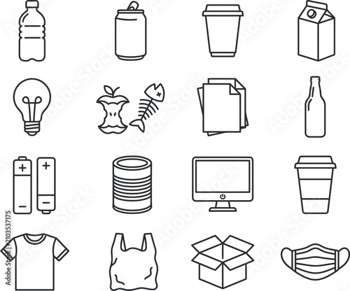Recycling and waste management icons set illustrating sustainable practices and environmental responsibility
