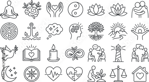Mental wellness icon set line art illustrations for therapy mindfulness and emotional support resources