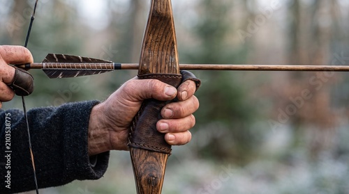 Archer drawing traditional wooden recurve bow with arrow in forest setting for target practice