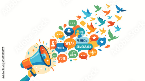 Colorful Illustration of a Megaphone Expressing Freedom of Speech Democracy Voice and Human Rights through Speech Bubbles