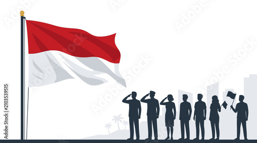 Patriotic silhouette of citizens saluting the national red and white Indonesian flag during an Independence Day celebration