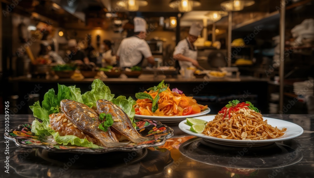 Obraz premium Thai cuisine, Miang Pla Kapong with fresh veggies, Pad Thai with shrimp, Pomelo salad.
