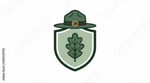 Park ranger badge icon featuring a campaign hat and shield with green oak leaf representing forest conservation and nature