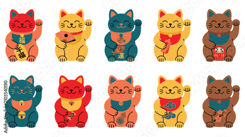 Foto Japanese lucky cat Maneki Neko with lucky charms.