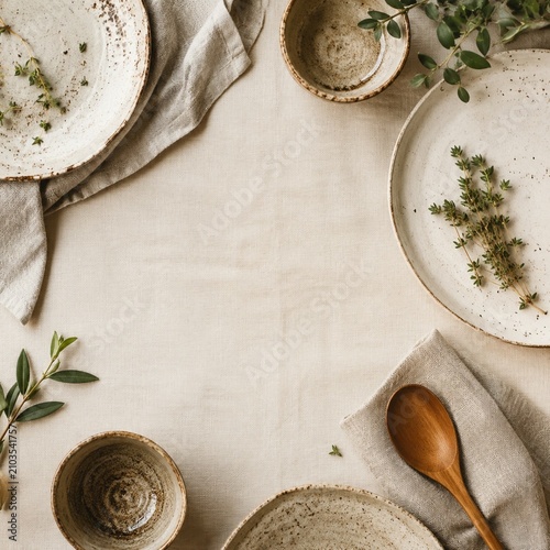 Handmade ceramic table setting with herbs
