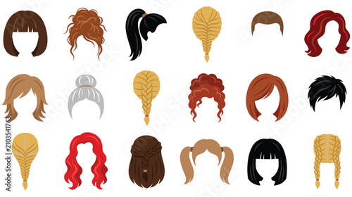 Collection of diverse cartoon hairstyles and haircuts for women and girls vector icons.