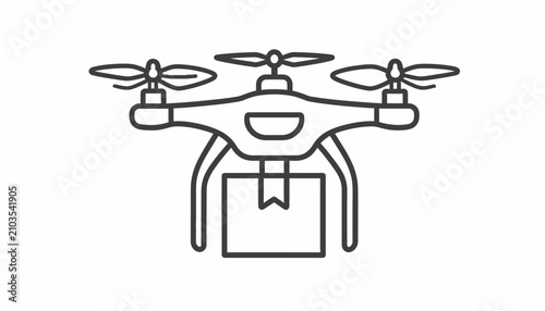 Minimal black line vector icon of an autonomous drone delivery service carrying a parcel package for modern logistics and shipping