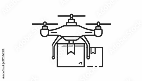 Minimal black line vector icon of an autonomous drone delivery service with packages for modern logistics and shipping solutions