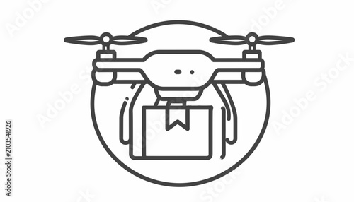 Minimal black line vector icon of an autonomous drone delivery service featuring a quadcopter carrying a package for modern logistics and shipping