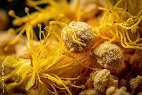 Extreme Macro View of Golden Flower Pollen Grains and Stamens Showing Intricate Detail