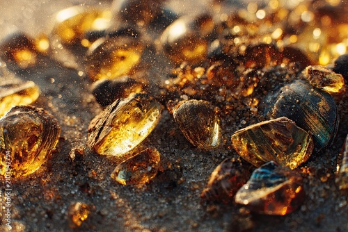 Extreme Macro View of Translucent Amber Fragments and Grains of Sand Bathed in Golden Light
