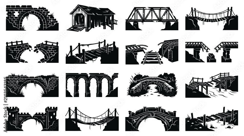 Obraz premium Old Ruined Bridges Collection - Black and White Vector Illustrations