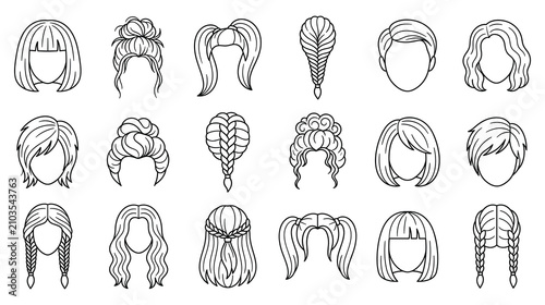 Woman hairstyles set, different modern haircut doodle style, hand drawn outline vector illustration.