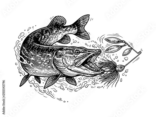 Pike Fish Attacking Fishing Lure Illustration.