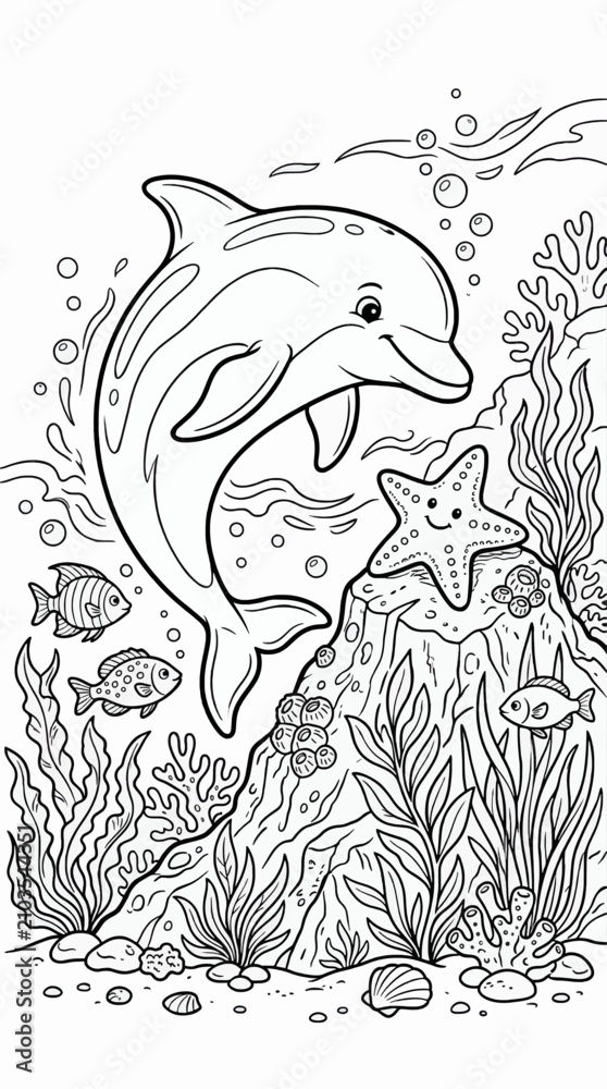 Naklejka premium Friendly Dolphin Interacting with Smiling Starfish in Underwater Scene, Seaweed and Fish, Black and White Coloring Page Illustration with Coral, Simple Line Art for Kids