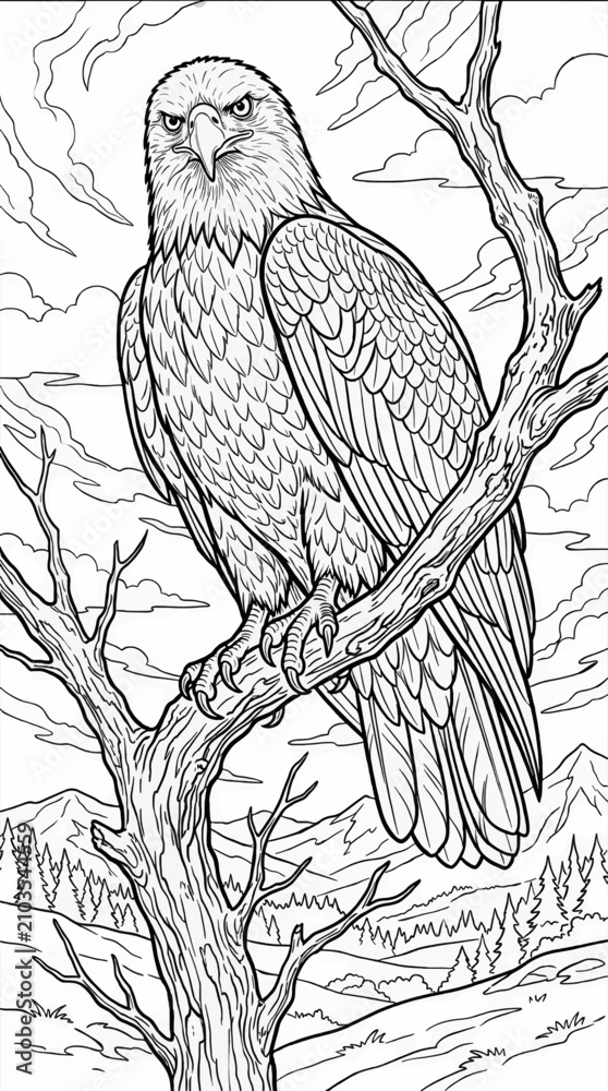 Fototapeta premium Majestic Bald Eagle Perched on a Gnarled Tree Branch, Low Angle View, Fierce Expression, Mountainous Landscape Background, Black and White Vector Illustration for Coloring