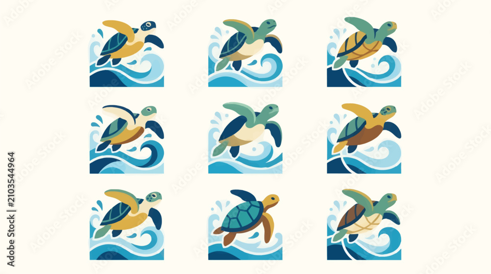Obraz premium Sea Turtle Icon Sheet, Playful Marine Animal Leaping from Stylized Blue Waves, Flat Graphic Design Set with Multiple Color Variations, Vector Illustration