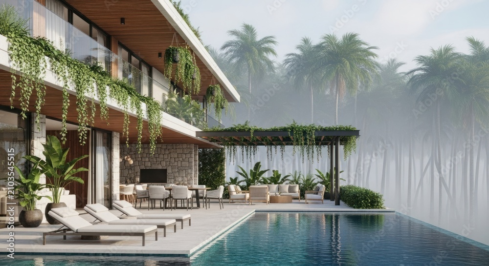 Fototapeta premium Modern luxury villa with pool and tropical foliage in a scenic environment