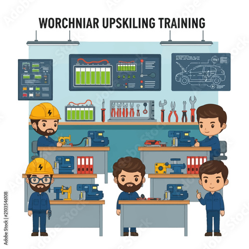 Cute chibi mechanics in a technical workshop for upskilling training, featuring engineers at desks with tools, electric vehicle diagrams, batteries, and industrial classroom setting.